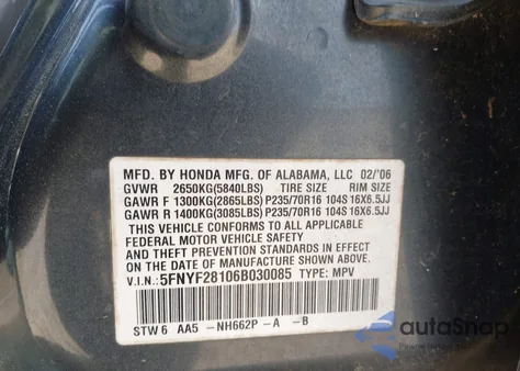 2006 Honda Pilot Lx from USA, damaged, VIN 5FNYF28106B030085